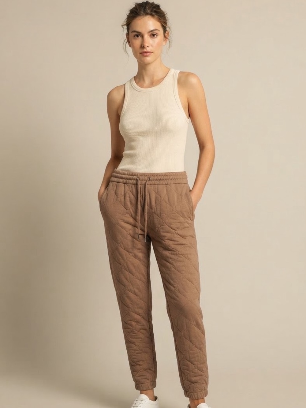 New York & Company Quilted Jogger Drawstring Sweatpants Taupe Size Medium